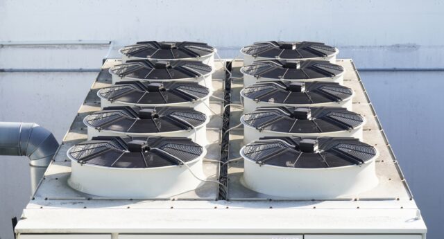 A group of white circular objects with black fans. A group of white circular objects with black fans.