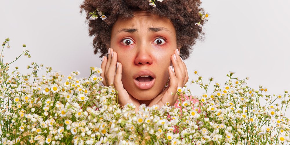 A person with flowers in their hair and a distressed facial expression stands behind a field of white daisies, holding their cheeks with both hands. A person with flowers in their hair and a distressed facial expression stands behind a field of white daisies, holding their cheeks with both hands.
