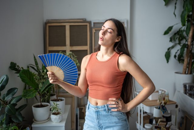Why Is My AC Not Cooling? Common Causes and Solutionsf with a blue hand fan inside a room with potted plants and framed items in the background. She wears an orange sleeveless top and blue jeans. Why Is My AC Not Cooling? Common Causes and Solutionsf with a blue hand fan inside a room with potted plants and framed items in the background. She wears an orange sleeveless top and blue jeans.