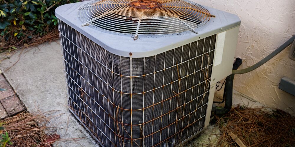 An outdoor air conditioning unit with visible rust and debris, situated on a concrete surface near a wall and some greenery. Air Conditioning