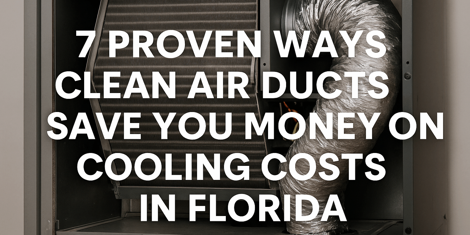 Inside view of an HVAC air duct system with bold text overlay about saving money on cooling costs by cleaning air ducts in Florida. Realistic image showing the interior of a clean HVAC system with visible ducts and coils, representing improved airflow and energy efficiency. Overlaid text reads “7 Proven Ways Clean Air Ducts Save You Money on Cooling Costs in Florida.” Ideal for a Brisk Air Conditioning blog post and Google update.
