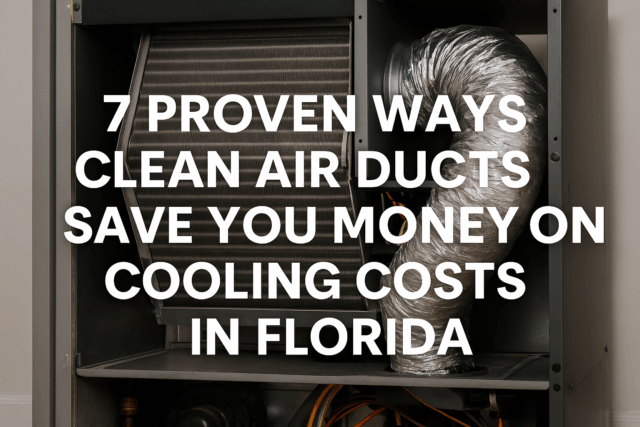 Inside view of an HVAC air duct system with bold text overlay about saving money on cooling costs by cleaning air ducts in Florida. Realistic image showing the interior of a clean HVAC system with visible ducts and coils, representing improved airflow and energy efficiency. Overlaid text reads “7 Proven Ways Clean Air Ducts Save You Money on Cooling Costs in Florida.” Ideal for a Brisk Air Conditioning blog post and Google update.