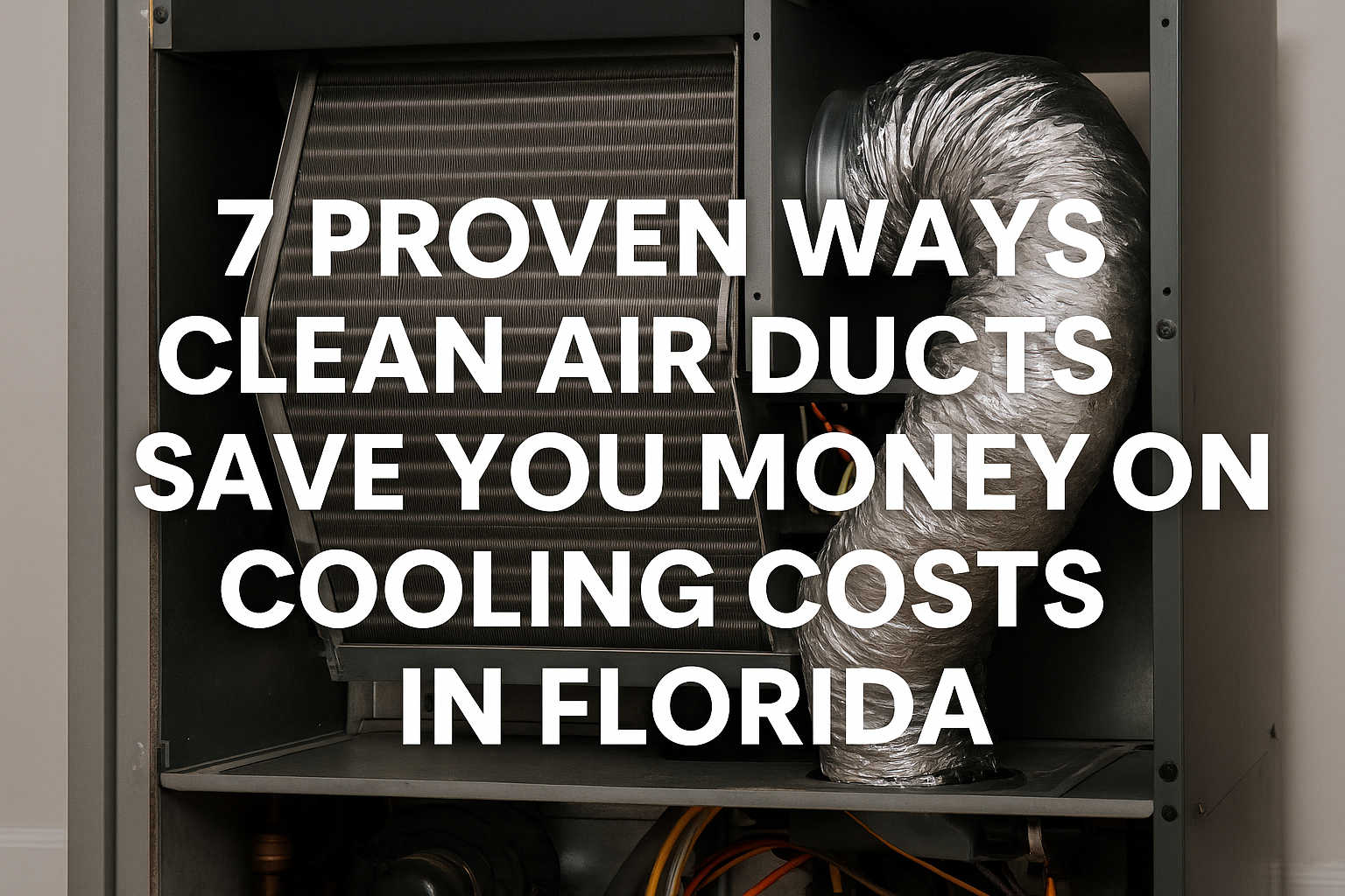 Realistic image showing the interior of a clean HVAC system with visible ducts and coils, representing improved airflow and energy efficiency. Overlaid text reads “7 Proven Ways Clean Air Ducts Save You Money on Cooling Costs in Florida.” Ideal for a Brisk Air Conditioning blog post and Google update.
