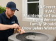 Realistic image of an HVAC technician performing winter maintenance on an outdoor AC unit at a Venice, Florida home. The technician wears a navy Brisk Air Conditioning uniform and uses tools to inspect the system, representing professionalism, reliability, and seasonal HVAC care. Overlaid text reads “10 Secret HVAC Maintenance Tips Every Venice Family Should Know Before Winter.”