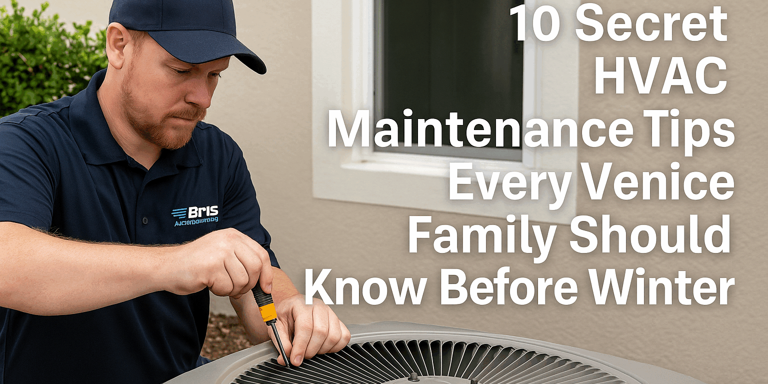 A technician uses a screwdriver to service an outdoor HVAC unit next to a house, with text overlay about HVAC maintenance tips for families before winter. Realistic image of an HVAC technician performing winter maintenance on an outdoor AC unit at a Venice, Florida home. The technician wears a navy Brisk Air Conditioning uniform and uses tools to inspect the system, representing professionalism, reliability, and seasonal HVAC care. Overlaid text reads “10 Secret HVAC Maintenance Tips Every Venice Family Should Know Before Winter.”