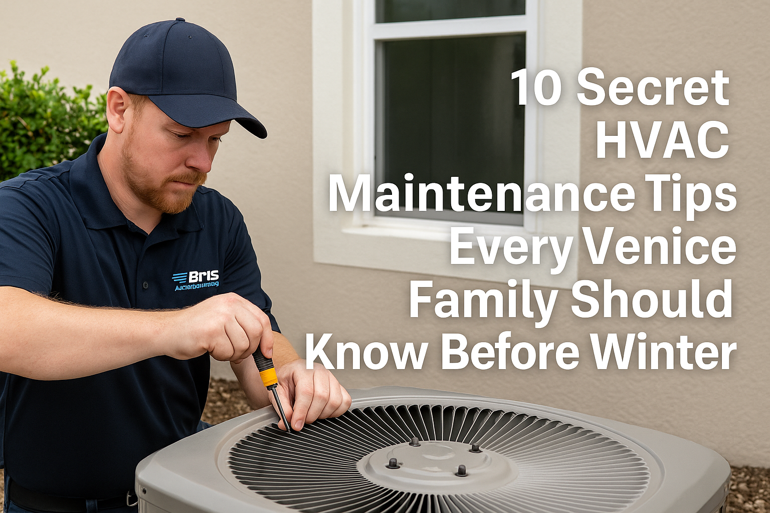Realistic image of an HVAC technician performing winter maintenance on an outdoor AC unit at a Venice, Florida home. The technician wears a navy Brisk Air Conditioning uniform and uses tools to inspect the system, representing professionalism, reliability, and seasonal HVAC care. Overlaid text reads “10 Secret HVAC Maintenance Tips Every Venice Family Should Know Before Winter.”