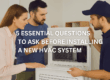 Realistic image showing a professional HVAC technician explaining a new air conditioning system to a couple inside a bright Venice, Florida home. Overlaid text reads “5 Essential Questions to Ask Before Installing a New HVAC System.” The image represents Brisk Air Conditioning’s expert installation services and trustworthy customer care.