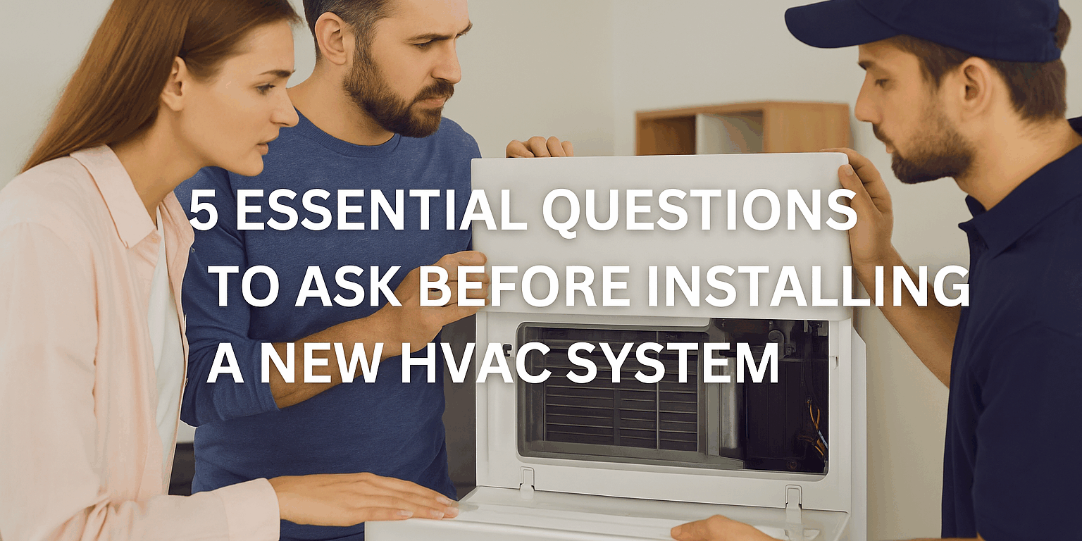 Realistic image showing a professional HVAC technician explaining a new air conditioning system to a couple inside a bright Venice, Florida home. Overlaid text reads “5 Essential Questions to Ask Before Installing a New HVAC System.” The image represents Brisk Air Conditioning’s expert installation services and trustworthy customer care.