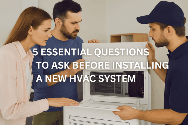 A man and woman listen as a technician explains the components of a new HVAC system; text overlay reads “5 Essential Questions to Ask Before Installing a New HVAC System.”. Realistic image showing a professional HVAC technician explaining a new air conditioning system to a couple inside a bright Venice, Florida home. Overlaid text reads “5 Essential Questions to Ask Before Installing a New HVAC System.” The image represents Brisk Air Conditioning’s expert installation services and trustworthy customer care.