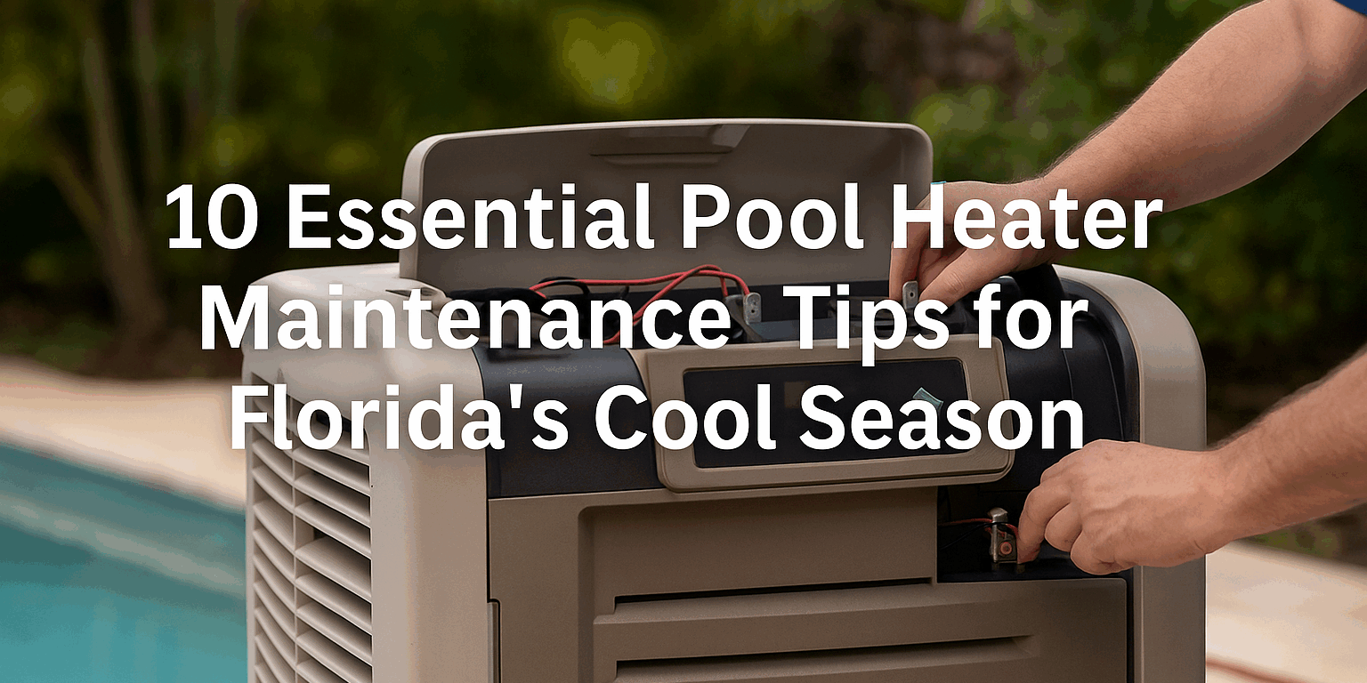 Realistic image of an HVAC technician maintaining a pool heater beside a bright backyard pool in Florida. The heater sits near clear blue water and palm trees, with overlaid text reading “10 Essential Pool Heater Maintenance Tips for Florida’s Cool Season.” Ideal for Brisk Air Conditioning’s blog and Google update.
