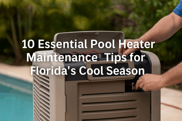A person performs maintenance on a pool heater next to a swimming pool, with text overlay about essential pool heater maintenance tips for Florida’s cool season. Realistic image of an HVAC technician maintaining a pool heater beside a bright backyard pool in Florida. The heater sits near clear blue water and palm trees, with overlaid text reading “10 Essential Pool Heater Maintenance Tips for Florida’s Cool Season.” Ideal for Brisk Air Conditioning’s blog and Google update.