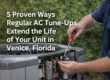 HVAC technician performing a routine AC tune-up on an outdoor air conditioning unit at a Venice, Florida home, illustrating how regular maintenance helps extend the life of your unit and improve efficiency.