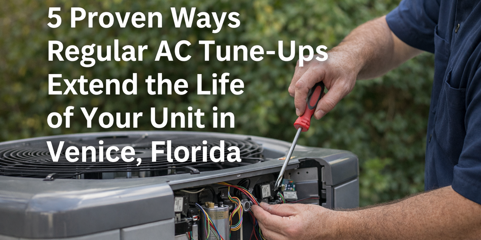 HVAC technician performing a routine AC tune-up on an outdoor air conditioning unit at a Venice, Florida home, illustrating how regular maintenance helps extend the life of your unit and improve efficiency.