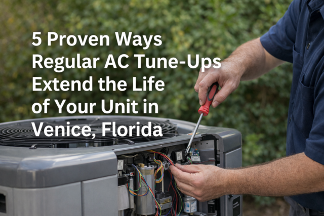 HVAC technician performing a routine AC tune-up on an outdoor air conditioning unit at a Venice, Florida home, illustrating how regular maintenance helps extend the life of your unit and improve efficiency.