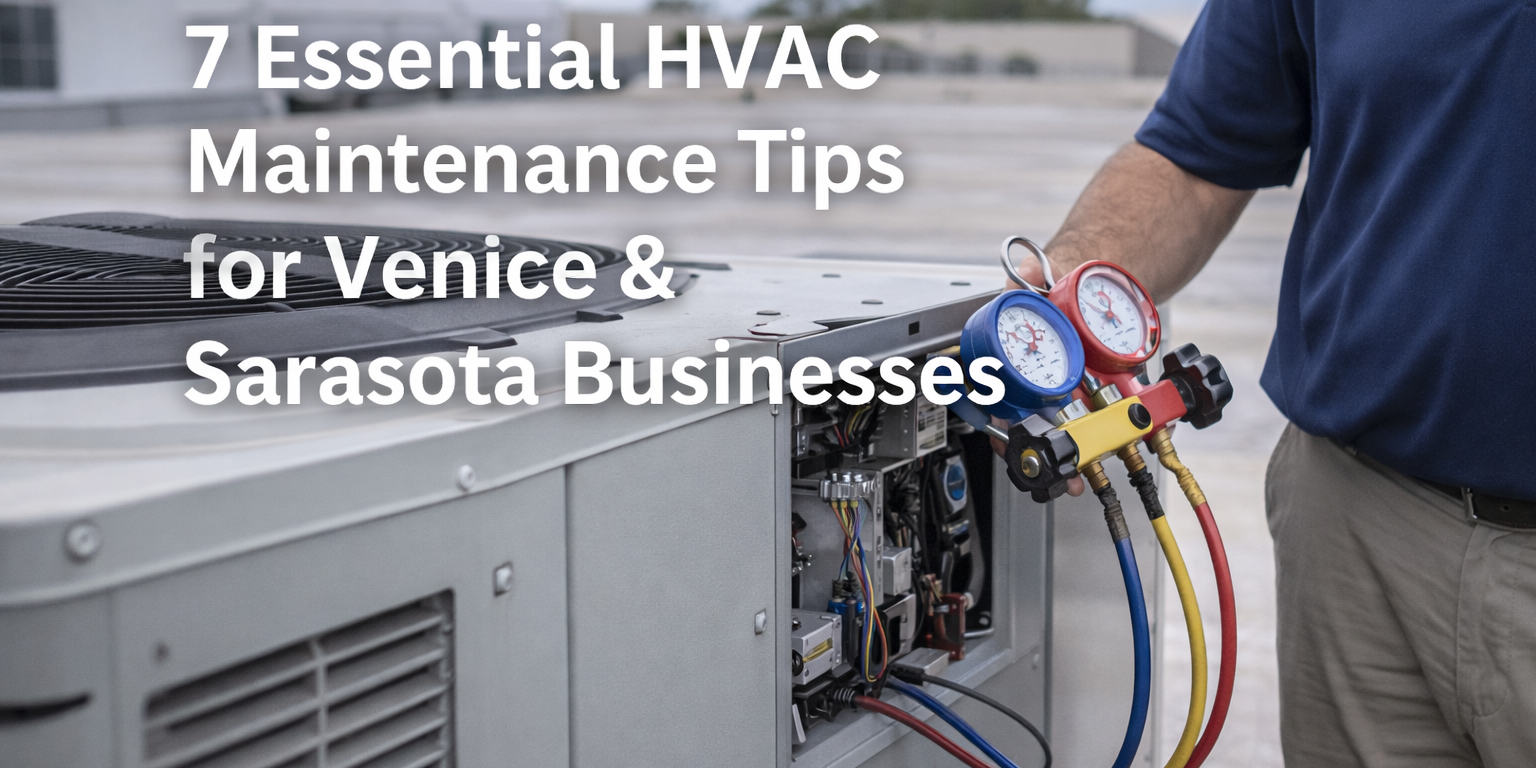HVAC technician servicing a rooftop commercial air conditioning unit in Venice and Sarasota, Florida, using professional gauges to perform routine HVAC maintenance that helps local businesses improve efficiency and prevent system downtime.