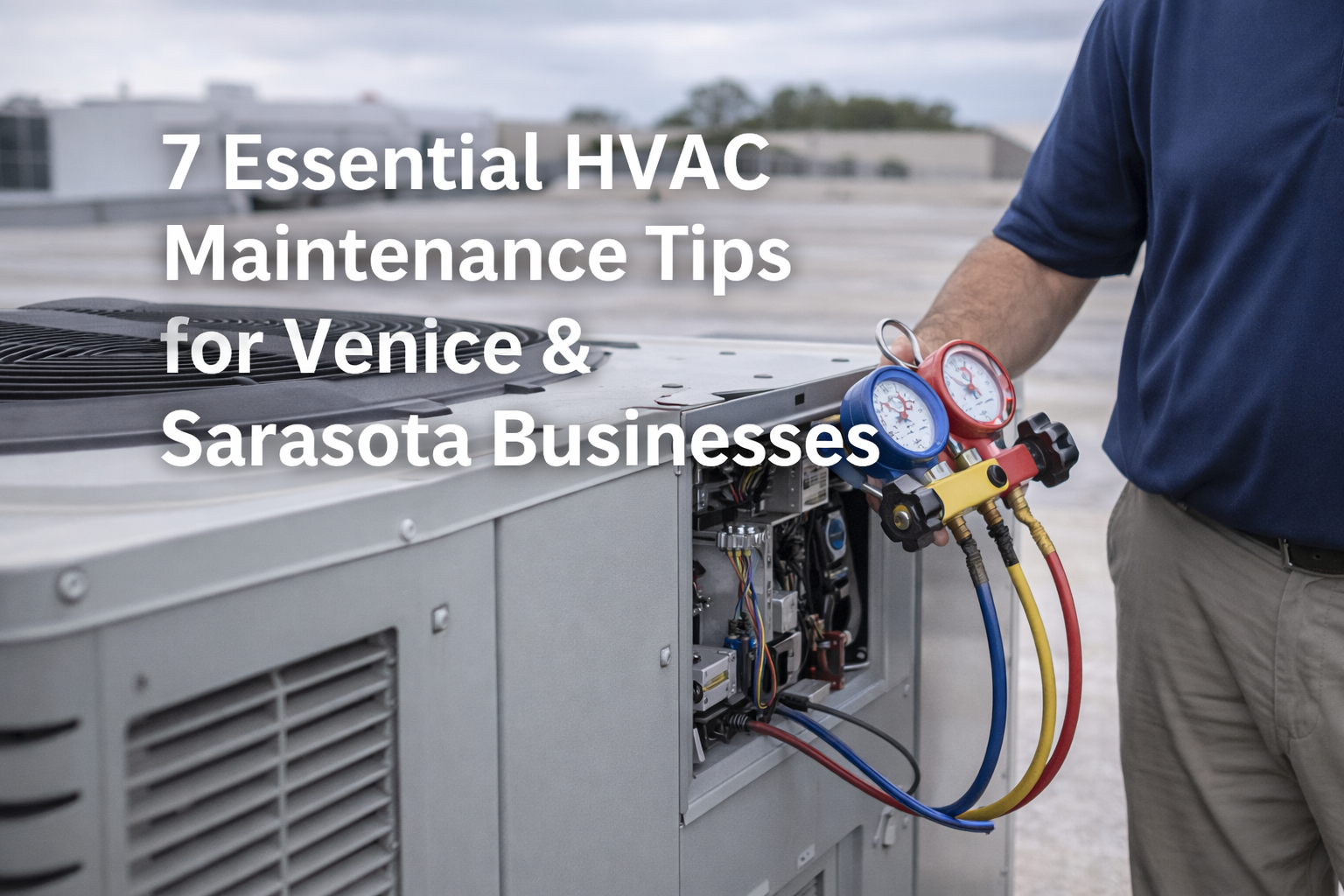 HVAC technician servicing a rooftop commercial air conditioning unit in Venice and Sarasota, Florida, using professional gauges to perform routine HVAC maintenance that helps local businesses improve efficiency and prevent system downtime.