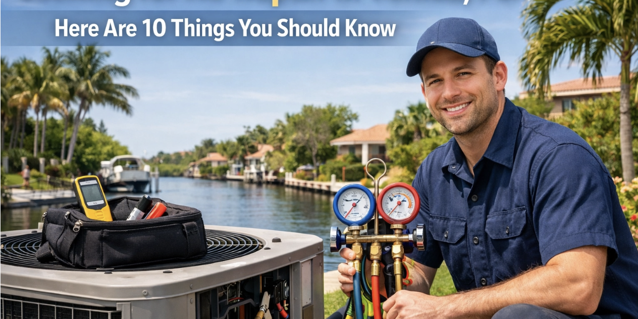 A technician kneels next to AC repair equipment by a canal with palm trees, holding HVAC gauges. Text reads: "Looking for AC Repair in Venice, FL? Here Are 10 Things You Should Know.