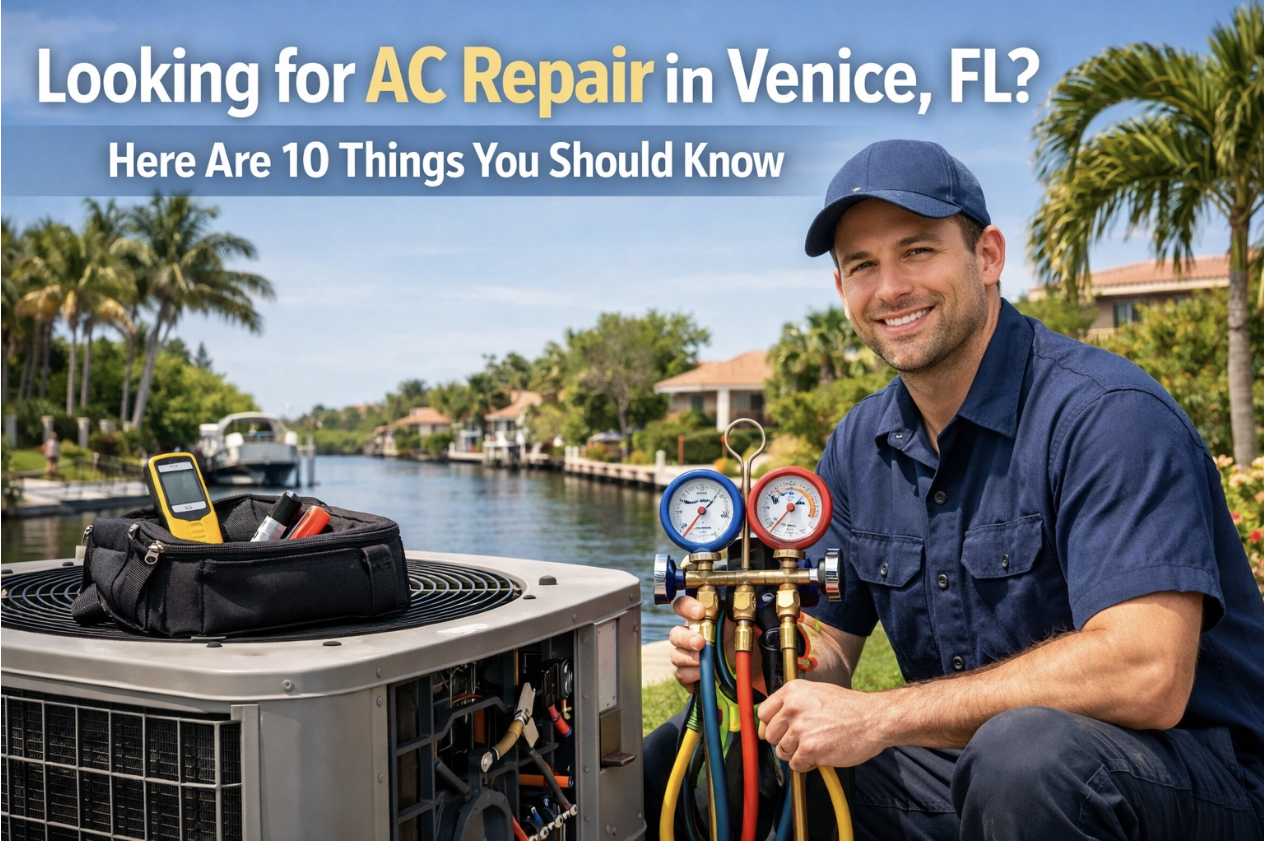 A technician kneels next to AC repair equipment by a canal with palm trees, holding HVAC gauges. Text reads: "Looking for AC Repair in Venice, FL? Here Are 10 Things You Should Know.
