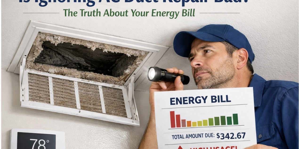 A technician inspects a dirty AC duct with a flashlight while holding an energy bill showing a high usage warning and a thermostat set to 78°F.