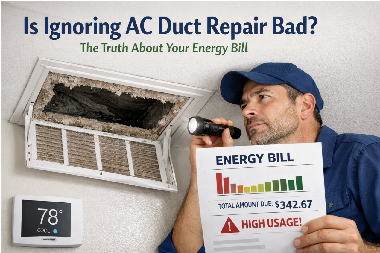 A technician inspects a dirty AC duct with a flashlight while holding an energy bill showing a high usage warning and a thermostat set to 78°F.