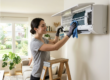 Woman standing on a step ladder cleaning an air conditioner unit mounted on a living room wall with a spray bottle and cloth. Learn how to clean ac unit