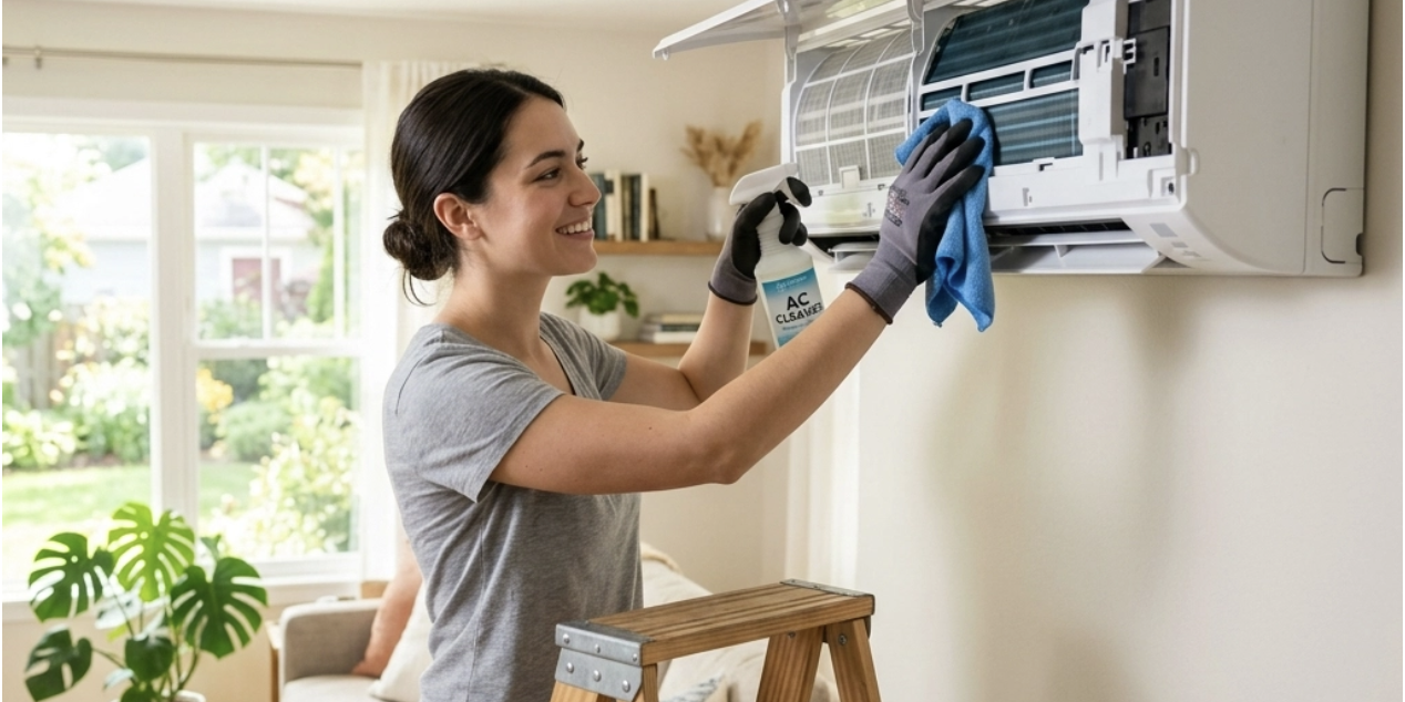 Woman standing on a step ladder cleaning an air conditioner unit mounted on a living room wall with a spray bottle and cloth. Learn how to clean ac unit