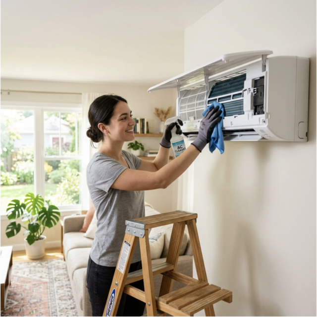 Woman standing on a step ladder cleaning an air conditioner unit mounted on a living room wall with a spray bottle and cloth. Woman standing on a step ladder cleaning an air conditioner unit mounted on a living room wall with a spray bottle and cloth. Learn how to clean ac unit