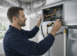 Professional HVAC technician working on residential air ducts or a central AC unit in a clean, realistic setting, illustrating expert air duct repair in Venice, FL.