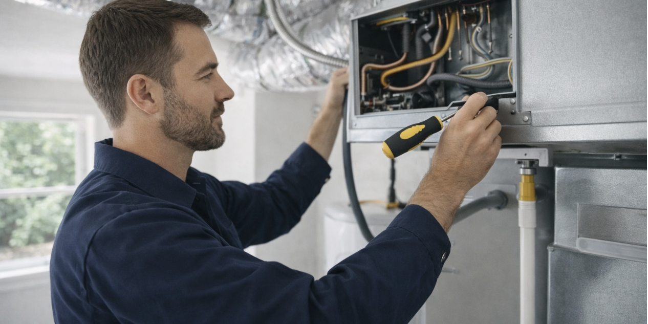 Professional HVAC technician working on residential air ducts or a central AC unit in a clean, realistic setting, illustrating expert air duct repair in Venice, FL.
