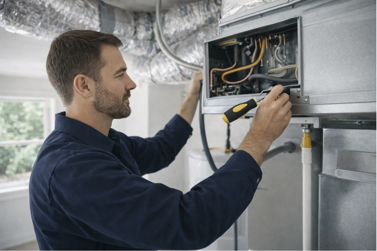 Professional HVAC technician working on residential air ducts or a central AC unit in a clean, realistic setting, illustrating expert air duct repair in Venice, FL.