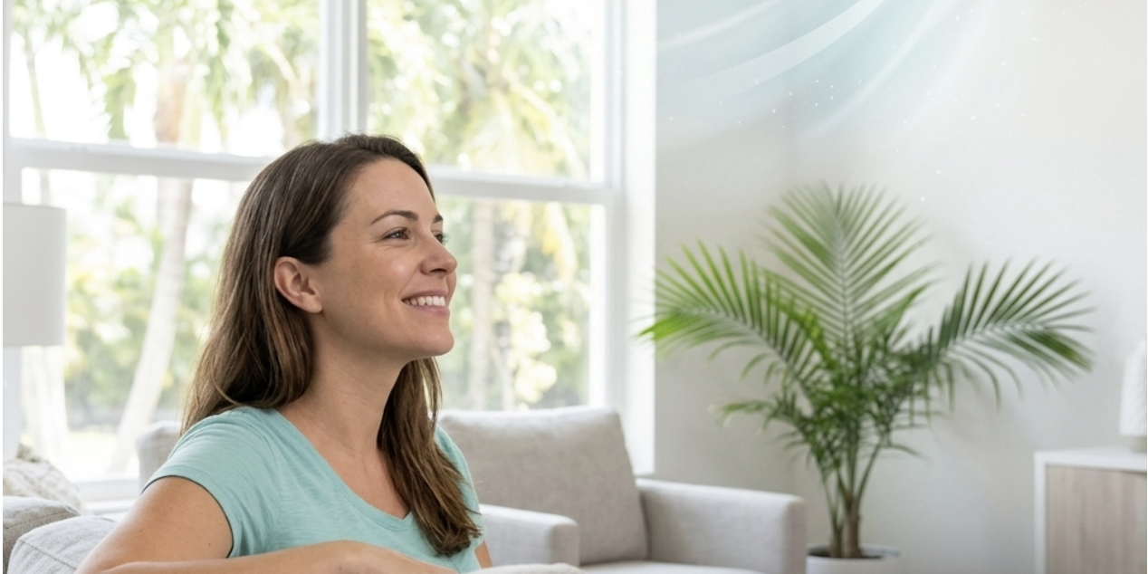 A woman in a bright, modern Florida living room sneezing into a tissue while looking up toward a ceiling air conditioning vent. The scene captures the discomfort of indoor allergens, with soft sunlight streaming through a window, highlighting the need for air duct repair to prevent mold and dust circulation.