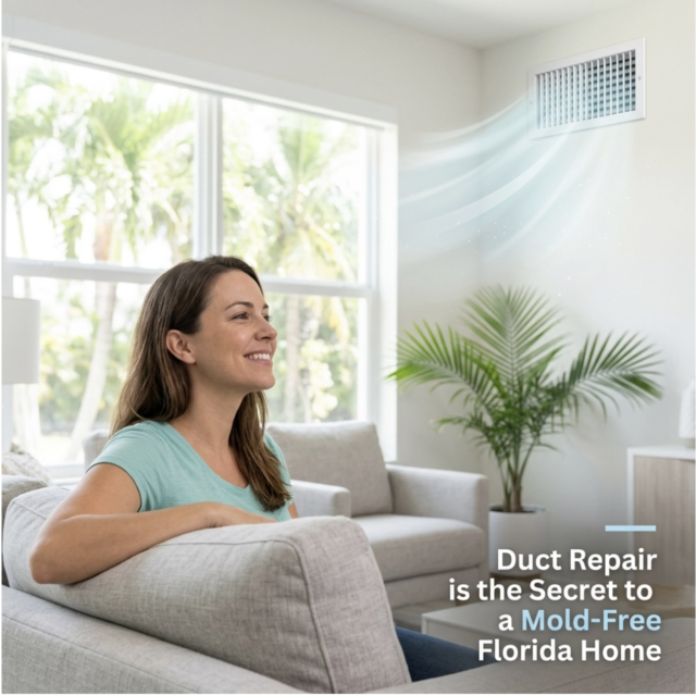 Woman sitting on a couch in a bright living room, with air flowing from a duct vent and text reading, “Duct Repair is the Secret to a Mold-Free Florida Home. A woman in a bright, modern Florida living room sneezing into a tissue while looking up toward a ceiling air conditioning vent. The scene captures the discomfort of indoor allergens, with soft sunlight streaming through a window, highlighting the need for air duct repair to prevent mold and dust circulation.