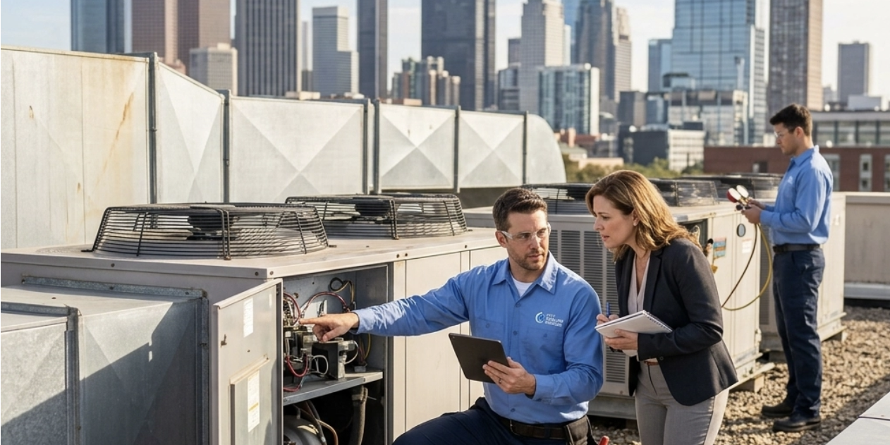 A concerned business owner standing in a sunlit retail space, looking at a high utility bill. In the background, a large commercial rooftop HVAC unit is visible against a clear blue Southwest Florida sky, symbolizing the financial impact of inefficient commercial air conditioning systems.