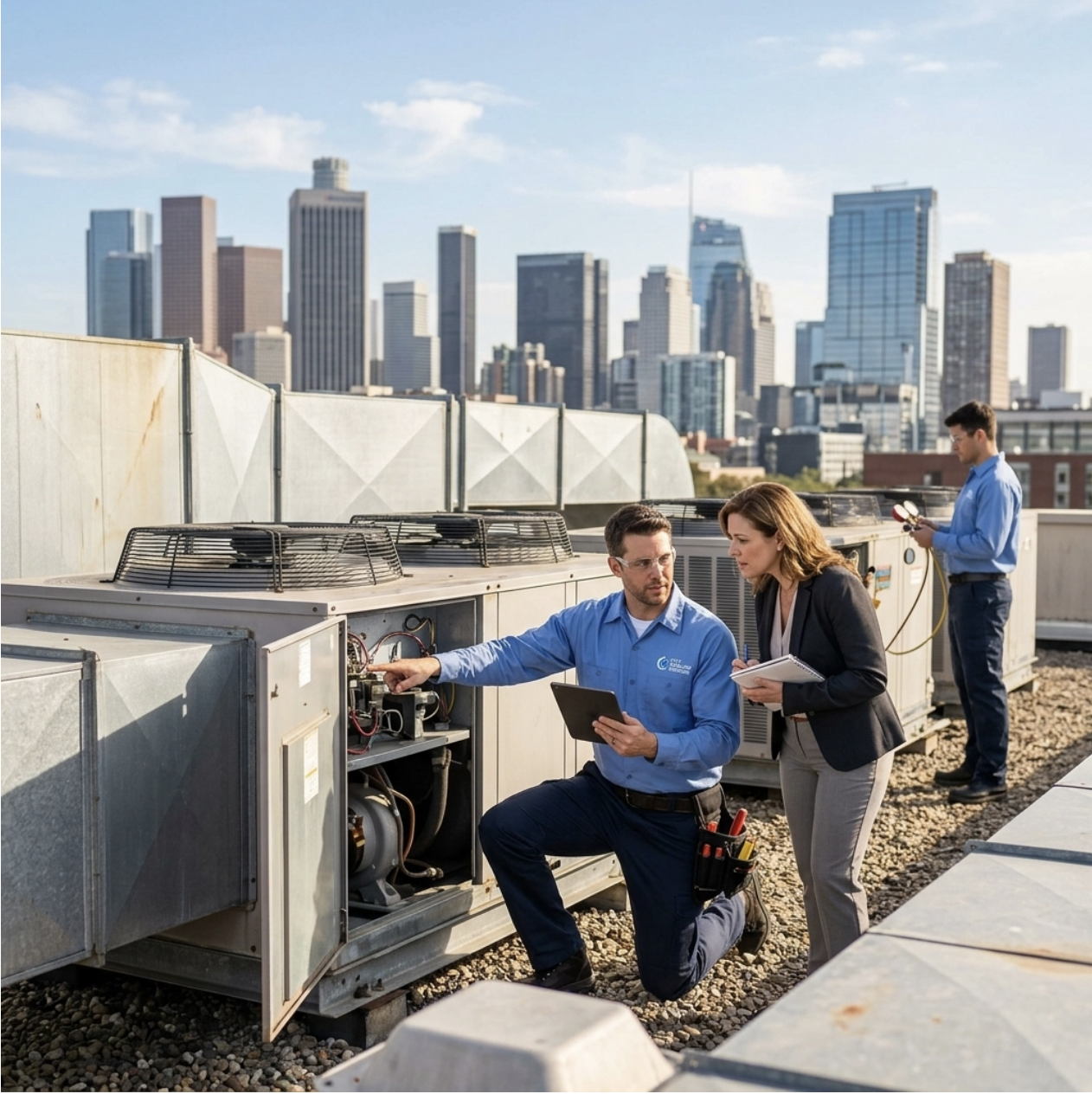 A concerned business owner standing in a sunlit retail space, looking at a high utility bill. In the background, a large commercial rooftop HVAC unit is visible against a clear blue Southwest Florida sky, symbolizing the financial impact of inefficient commercial air conditioning systems.