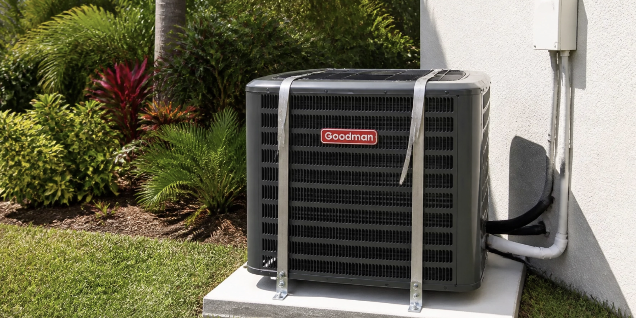 A Goodman air conditioning unit is installed on a concrete pad outside a building, with metal straps securing it and landscaping visible in the background. Professional residential AC unit in Venice, FL with heavy-duty hurricane straps ready for storm season after AC repair.