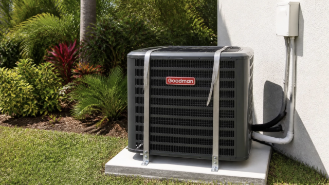 A Goodman air conditioning unit is installed on a concrete pad outside a building, with metal straps securing it and landscaping visible in the background. Professional residential AC unit in Venice, FL with heavy-duty hurricane straps ready for storm season after AC repair.