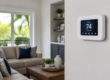 A modern digital thermostat set to 74 degrees is mounted on a wall in a bright, contemporary living room with a beige sofa and large window home has just received an air conditioner cleaning.