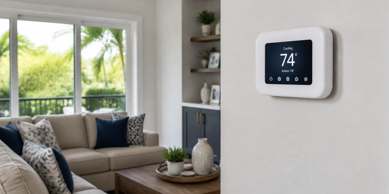 A modern digital thermostat set to 74 degrees is mounted on a wall in a bright, contemporary living room with a beige sofa and large window home has just received an air conditioner cleaning.