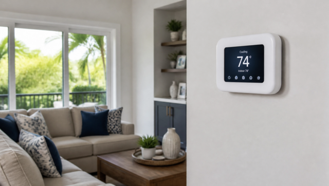 A modern digital thermostat set to 74 degrees is mounted on a wall in a bright, contemporary living room with a beige sofa and large window. A modern digital thermostat set to 74 degrees is mounted on a wall in a bright, contemporary living room with a beige sofa and large window home has just received an air conditioner cleaning.
