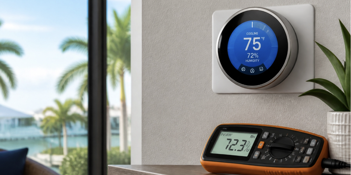 Clean, realistic close-up of a home thermostat showing 72% indoor humidity with HVAC diagnostic tools nearby, bright natural light, and a subtle Southwest Florida coastal view through the window for ac repair venice fl.