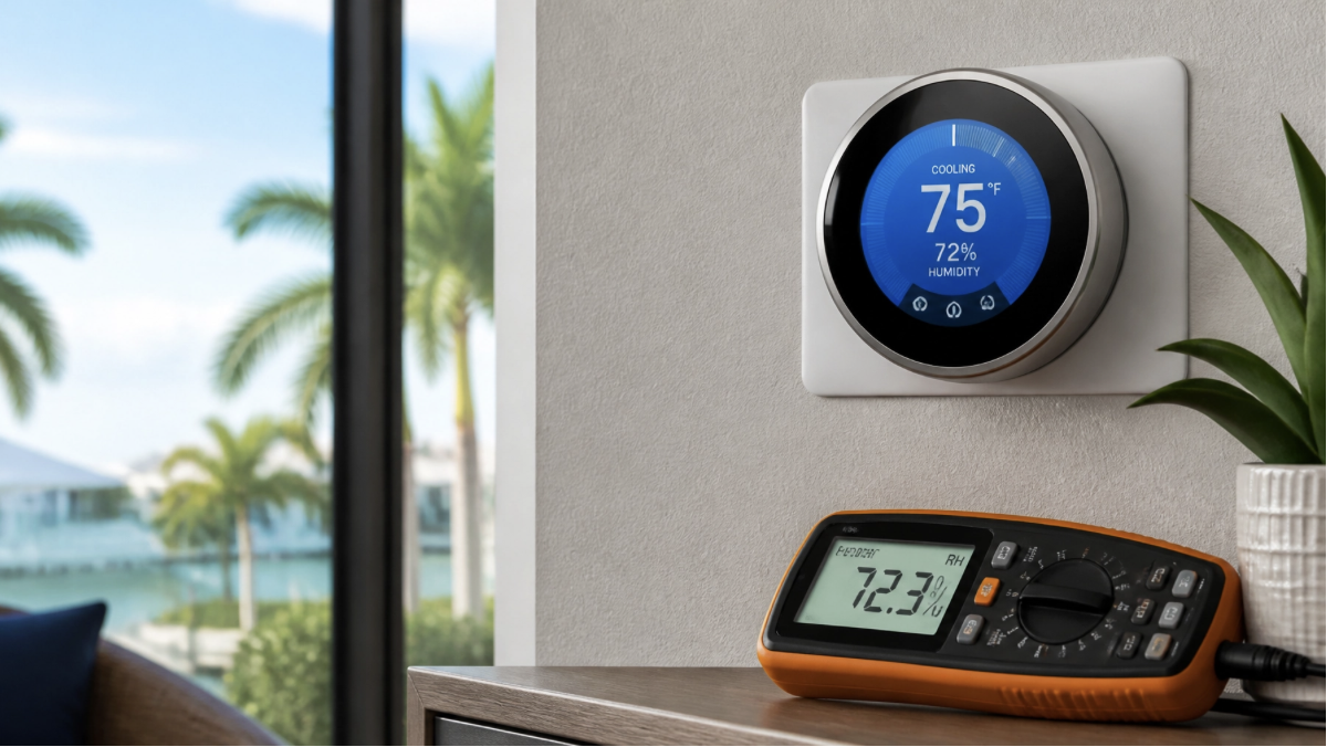 Clean, realistic close-up of a home thermostat showing 72% indoor humidity with HVAC diagnostic tools nearby, bright natural light, and a subtle Southwest Florida coastal view through the window for ac repair venice fl.