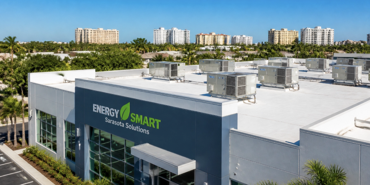 A modern commercial building labeled “ENERGY SMART Sarasota Solutions” with rooftop HVAC units, surrounded by palm trees and distant residential buildings. A modern commercial building labeled "ENERGY SMART Sarasota Solutions" with rooftop HVAC units, surrounded by palm trees and distant residential buildings. A professional view of energy-efficient commercial hvac sarasota rooftop units on a modern business building