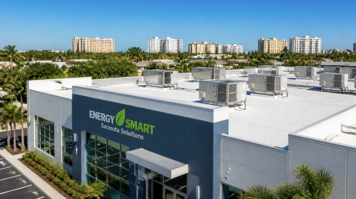 A modern commercial building labeled "ENERGY SMART Sarasota Solutions" with rooftop HVAC units, surrounded by palm trees and distant residential buildings. A professional view of energy-efficient commercial hvac sarasota rooftop units on a modern business building