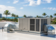 Sarasota rooftop featuring commercial HVAC system and blue skies and palm trees.