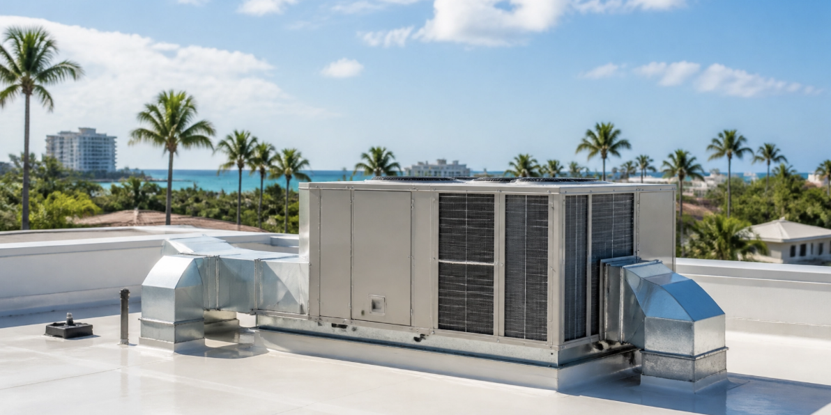 Sarasota rooftop featuring commercial HVAC system and blue skies and palm trees.