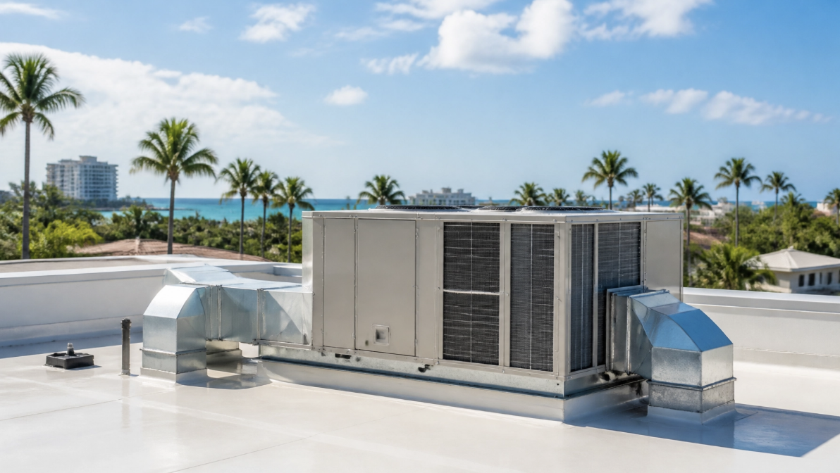 Sarasota rooftop featuring commercial HVAC system and blue skies and palm trees.