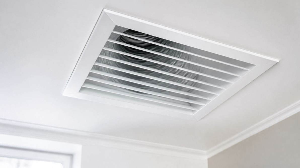 A close-up of a white ceiling air vent with horizontal slats, set in a white ceiling, with a small section of wall and window visible in the background. Featuring an HVAC system with recent air duct repair.
