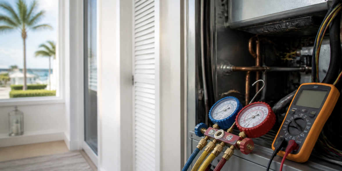 HVAC gauges and a multimeter are attached to an open air conditioning unit inside a modern room with a view of palm trees outside in a service provided by Brisk Air Conditioning for AC Repair Venice FL