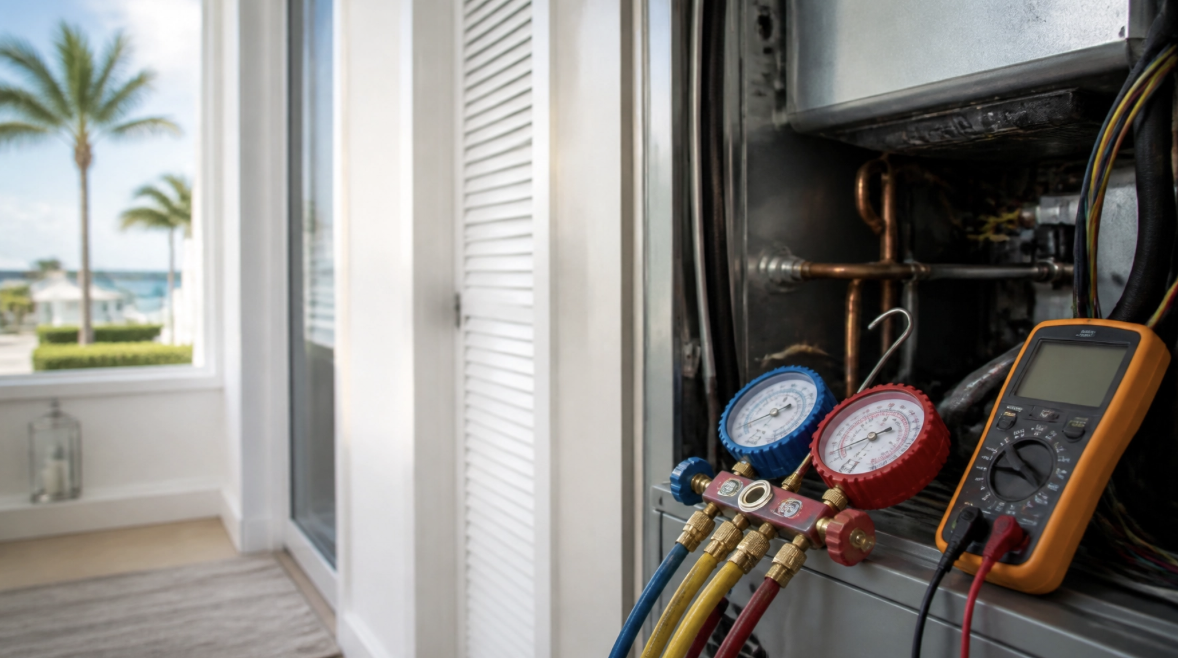 HVAC gauges and a multimeter are attached to an open air conditioning unit inside a modern room with a view of palm trees outside in a service provided by Brisk Air Conditioning for AC Repair Venice FL