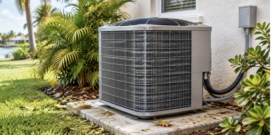 An outdoor air conditioning unit needing cleaning, installed on a concrete pad next to a house. An outdoor air conditioning unit needing air conditioner cleaning, installed on a concrete pad next to a house.